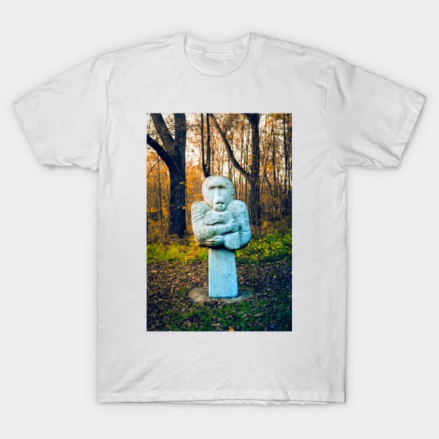 Picture of post modern sculpture of Motherhood in autumn park T-Shirt by Czajnikolandia